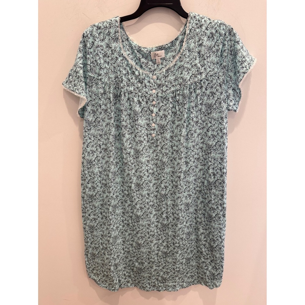 Aria Collection Womens Blue Floral Cotton Nightgown Lace Trim Size L sleepwear